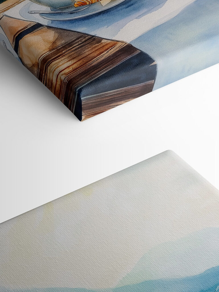 Watercolor painting of a table with coffee and croissants on it Watercolor painting of a table with coffee and croissants on it