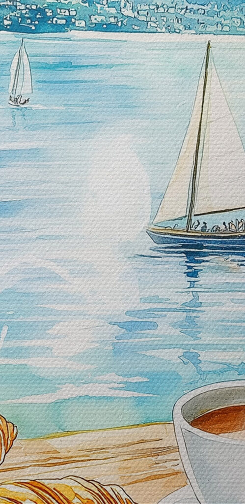 Watercolor painting of a table with coffee and croissants on it Watercolor painting of a table with coffee and croissants on it