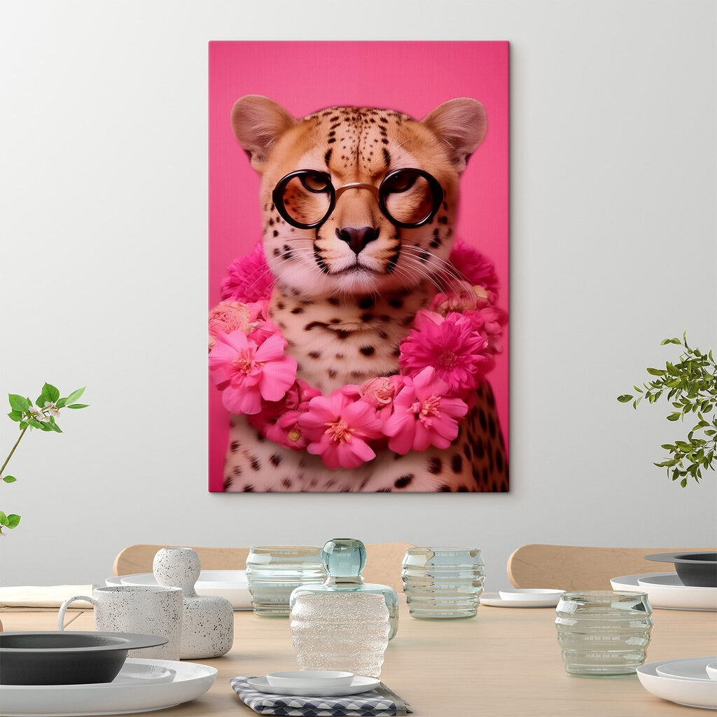 Leopard wearing glasses and a necklace of flowers Leopard wearing glasses and a necklace of flowers
