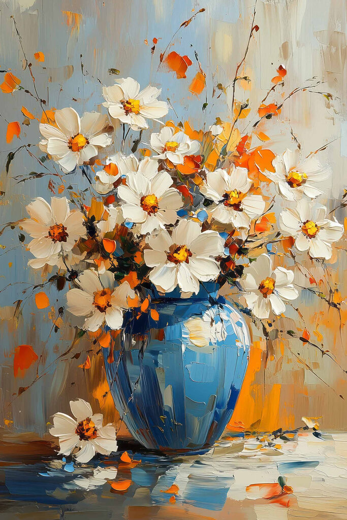 Painting of flowers in a blue vase Painting of flowers in a blue vase
