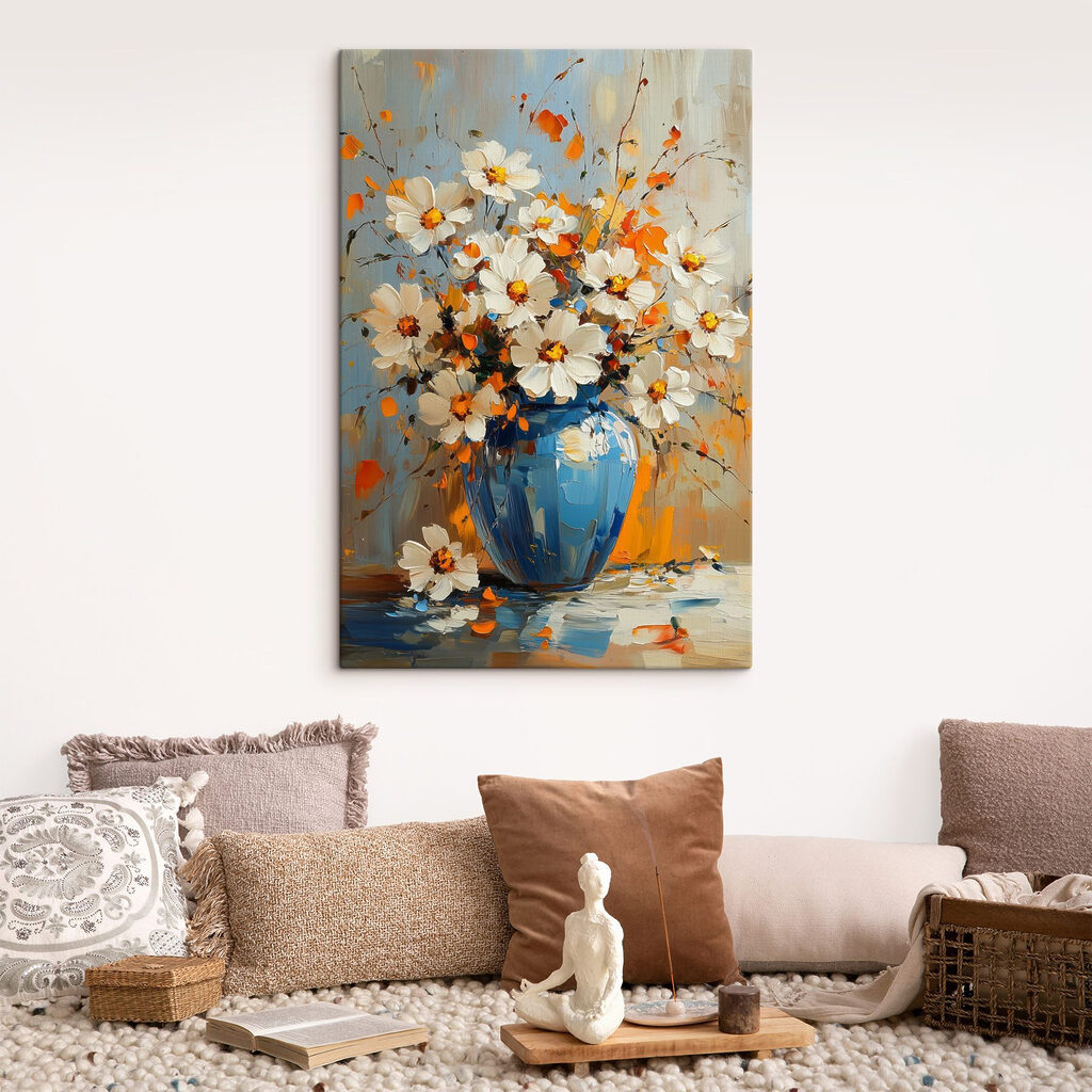 Painting of flowers in a blue vase Painting of flowers in a blue vase