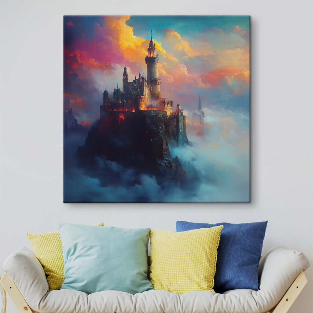 Castle on a mountain with clouds