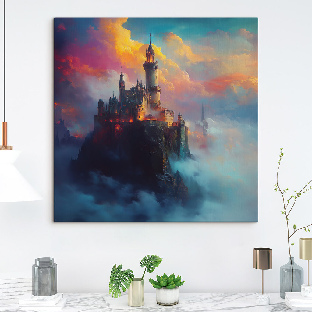 Castle on a mountain with clouds