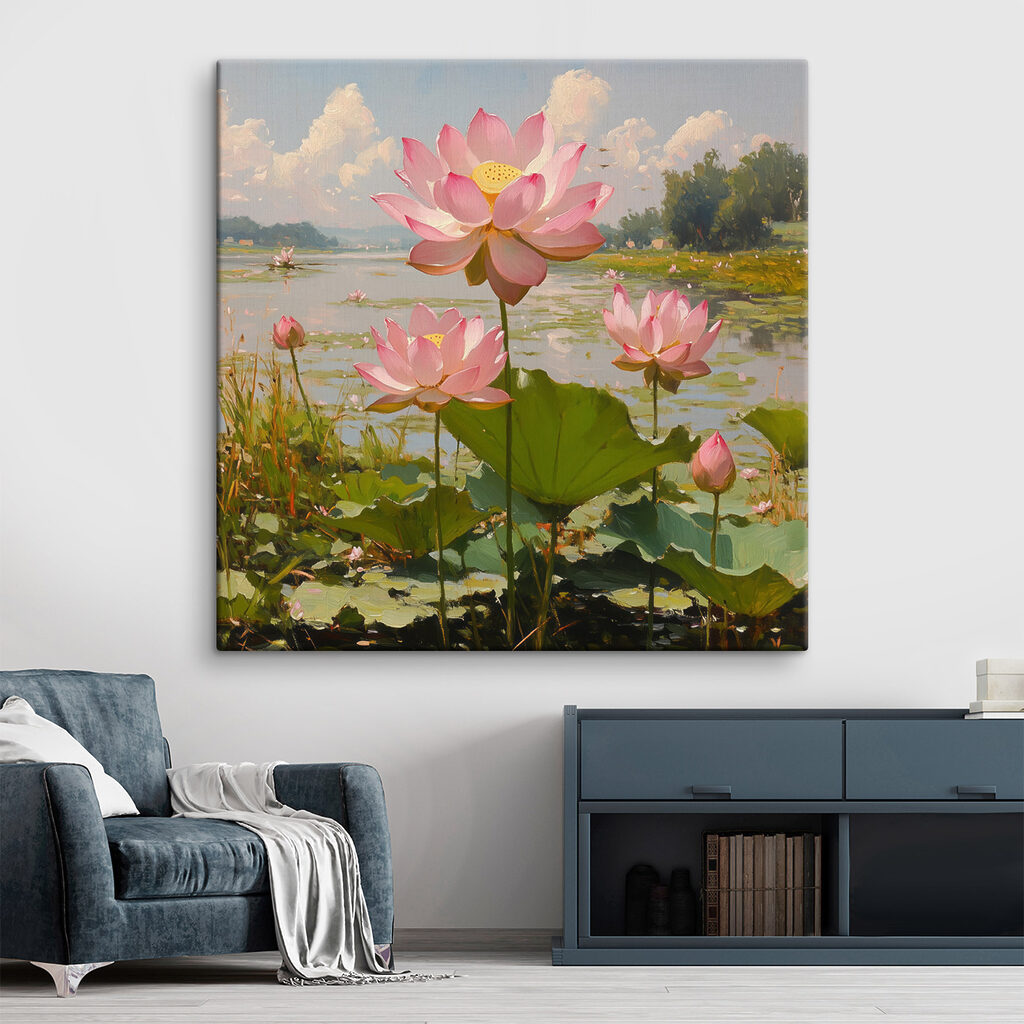 Pink flowers on a lake