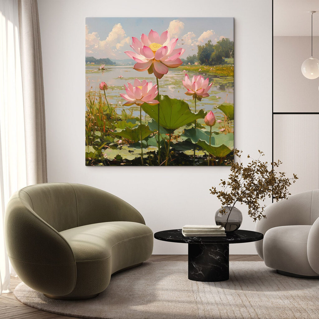 Pink flowers on a lake