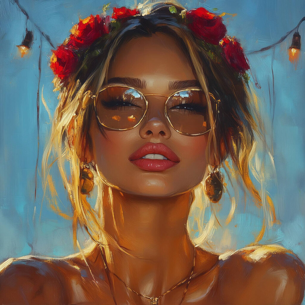 Woman with flowers in her hair and sunglasses Woman with flowers in her hair and sunglasses