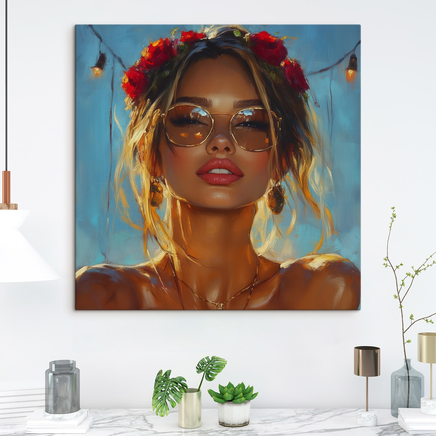 Woman with flowers in her hair and sunglasses Woman with flowers in her hair and sunglasses