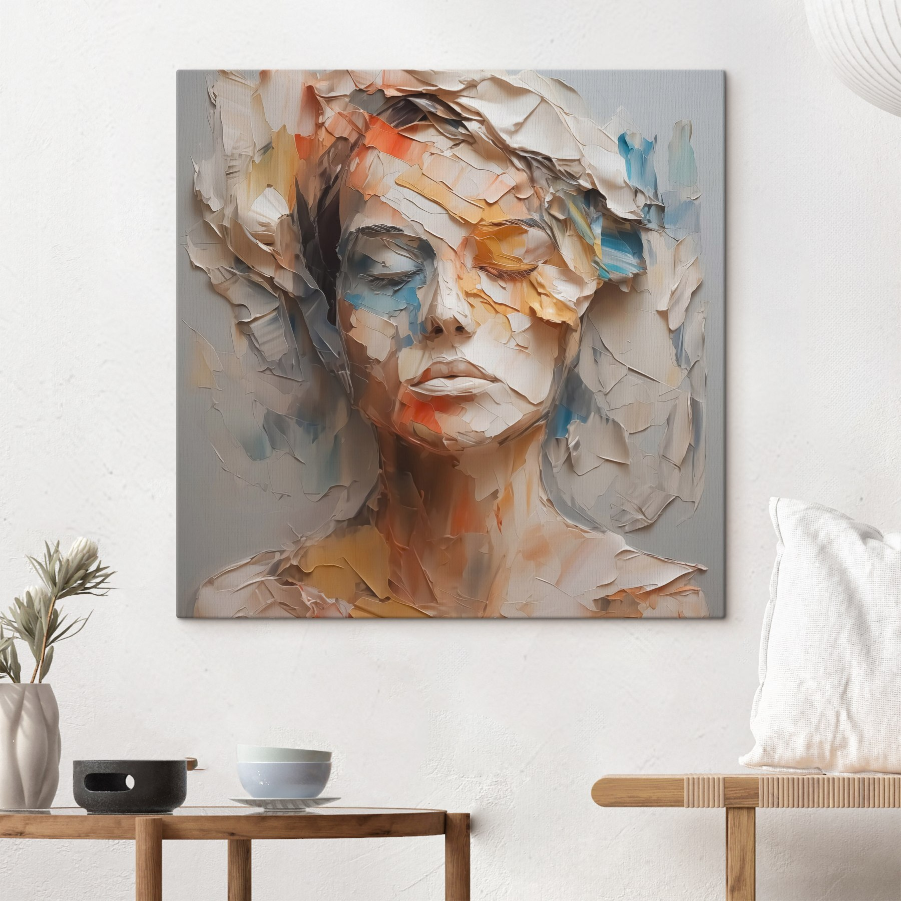 Woman's face covered in torn paper