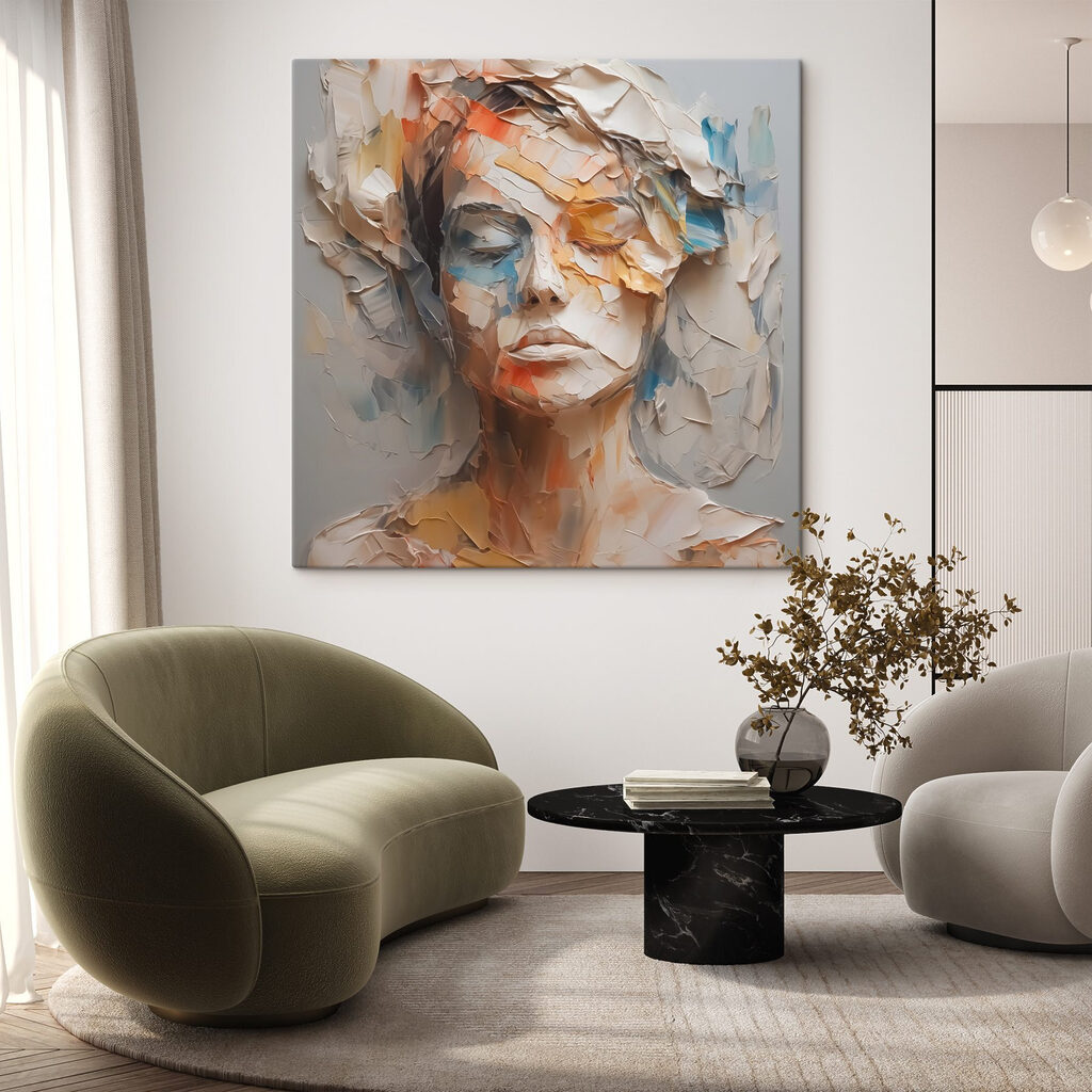 Woman's face covered in torn paper