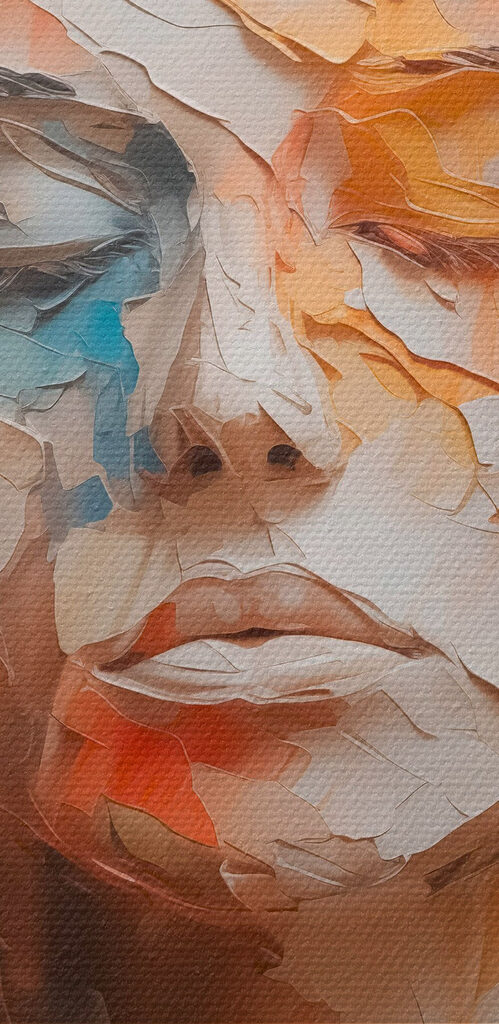 Woman's face covered in torn paper