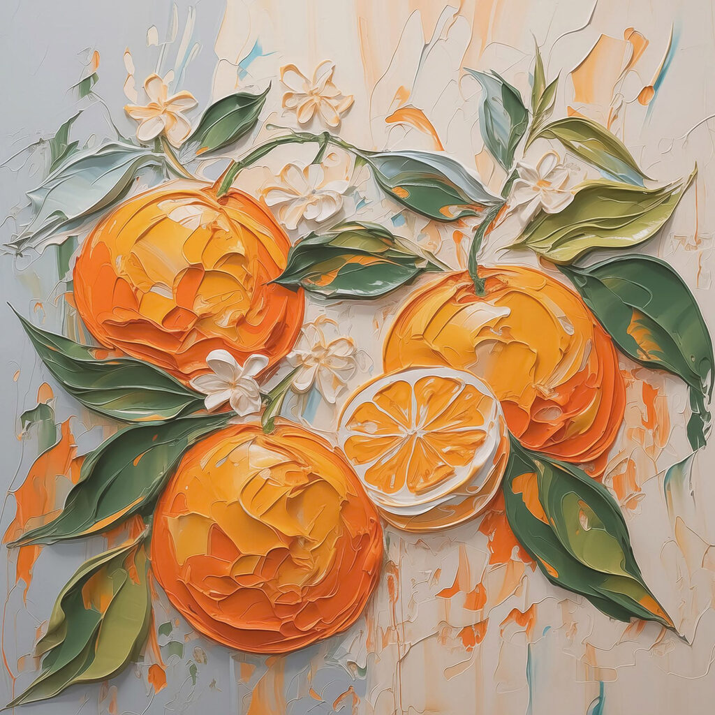 Painting of oranges and leaves