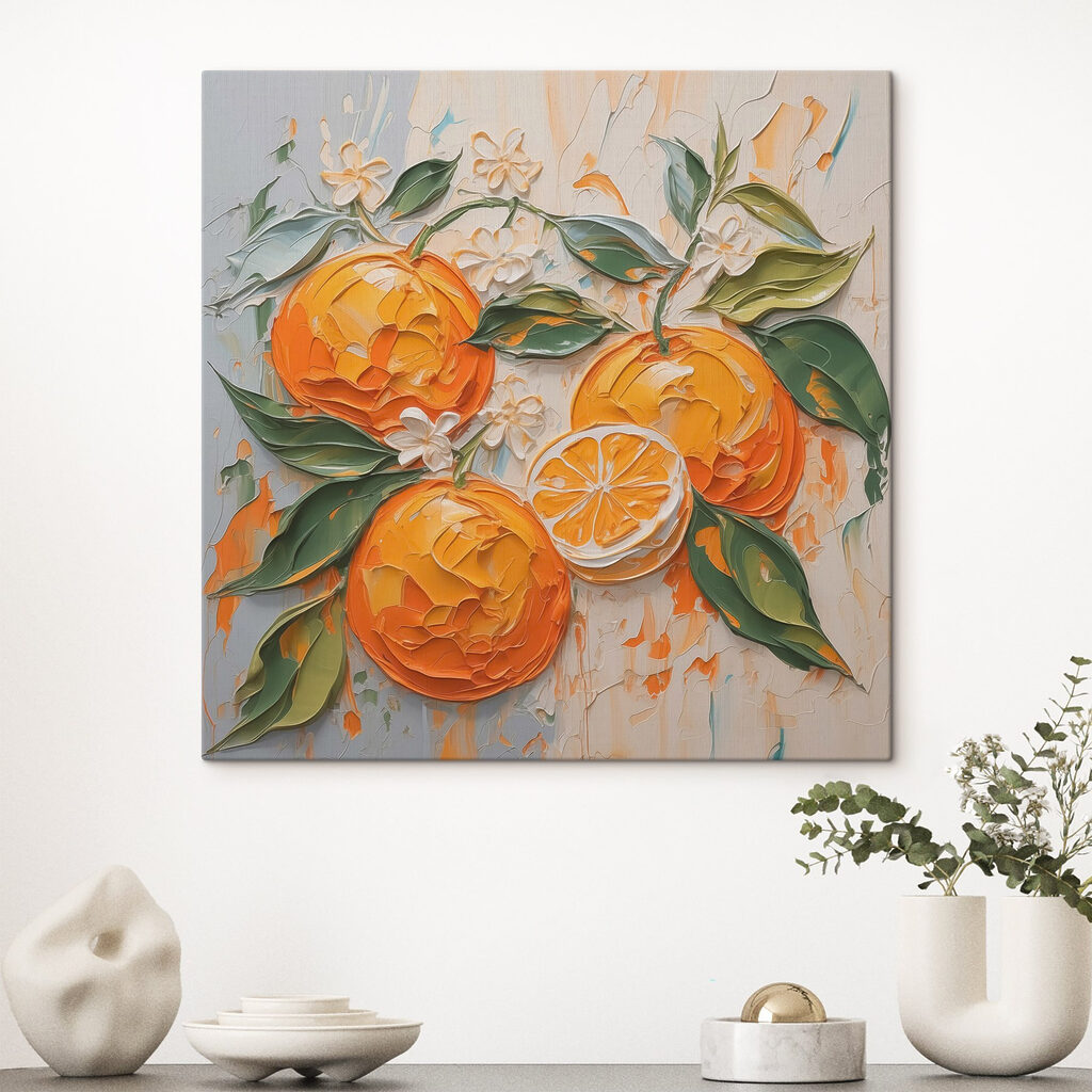Painting of oranges and leaves