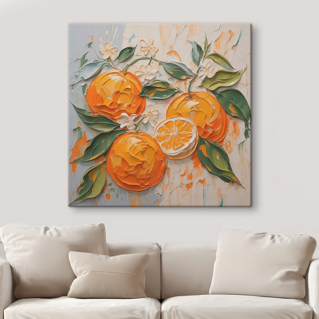 Painting of oranges and leaves