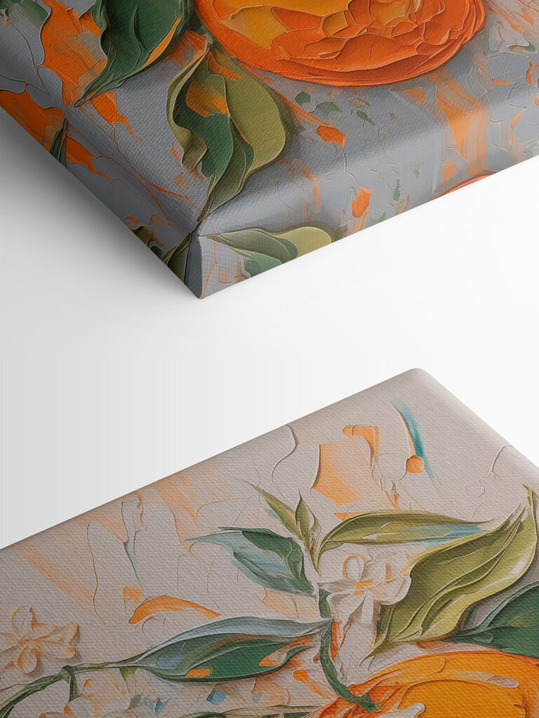 Painting of oranges and leaves