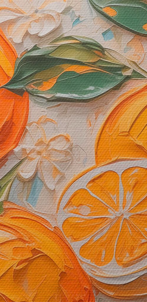 Painting of oranges and leaves