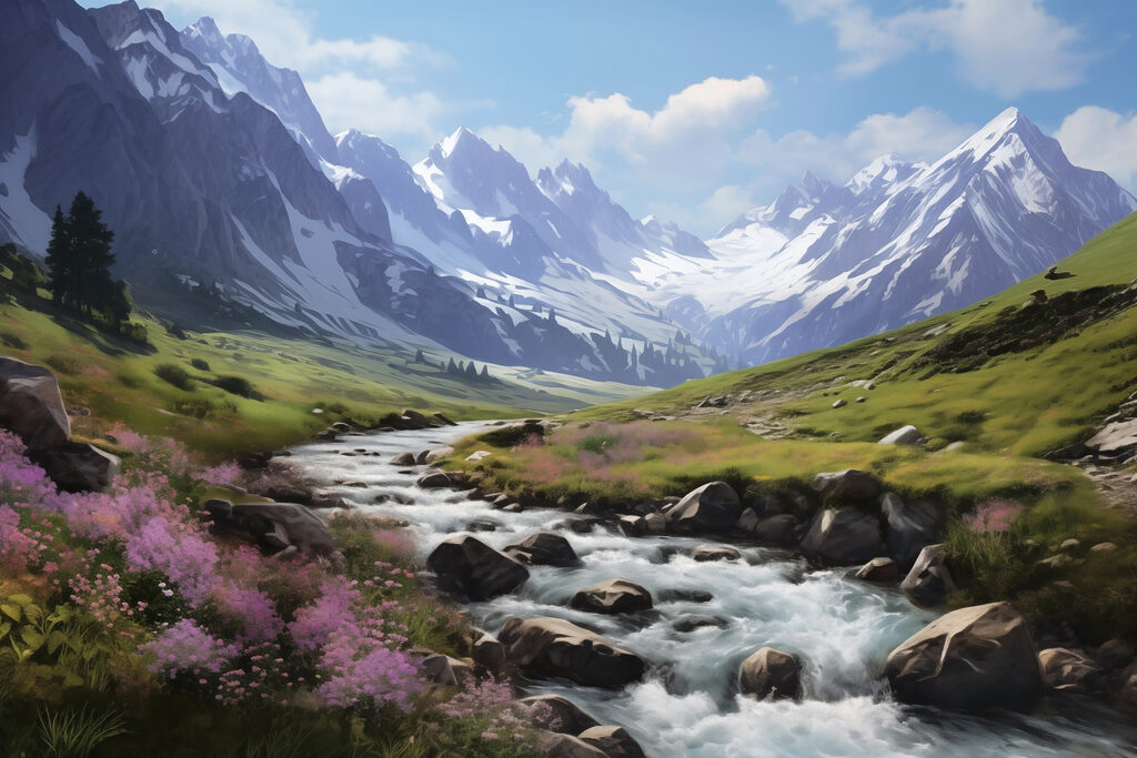 River running through a valley with snow covered mountains River running through a valley with snow covered mountains