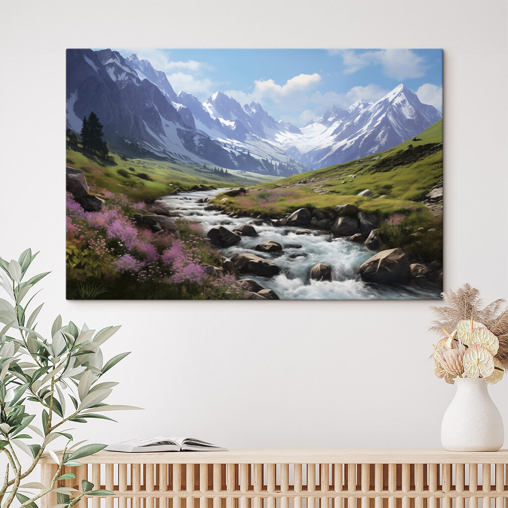 River running through a valley with snow covered mountains River running through a valley with snow covered mountains