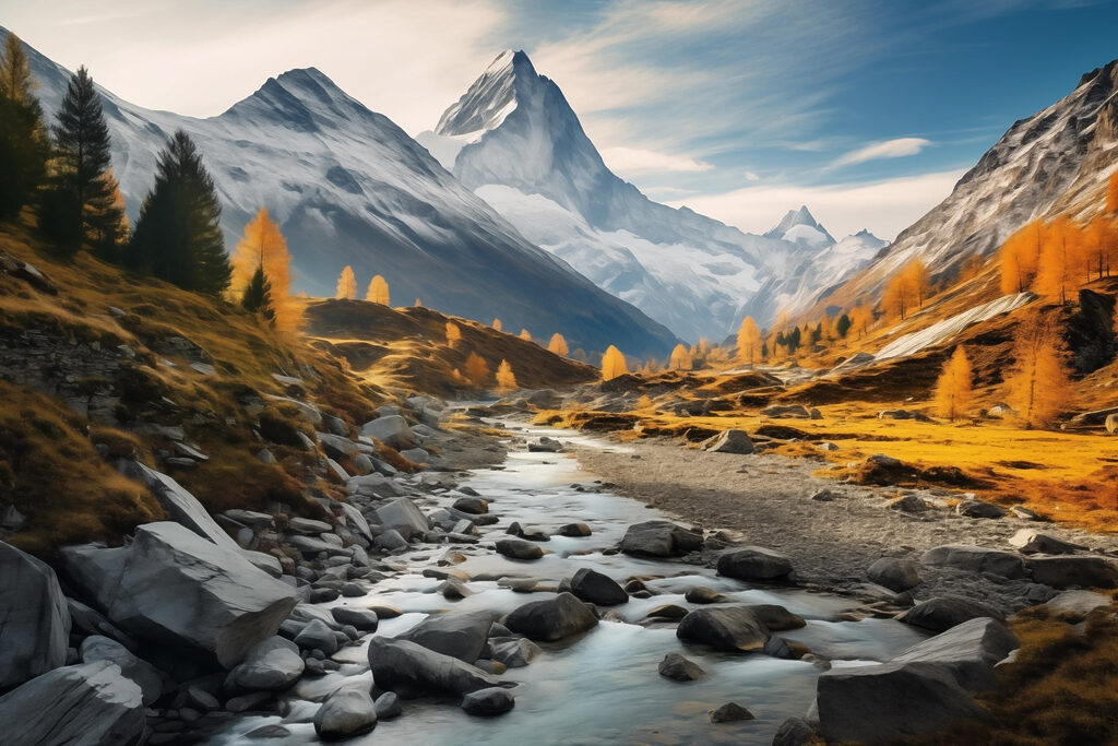River running through a valley with mountains in the background