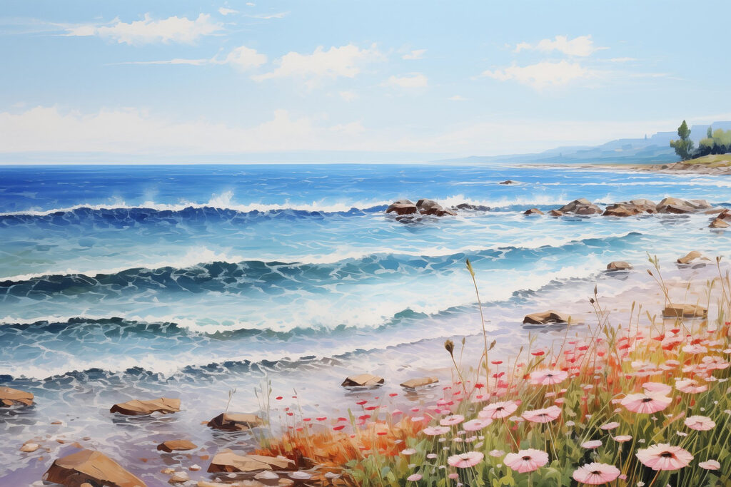 Painting of a beach with flowers and waves