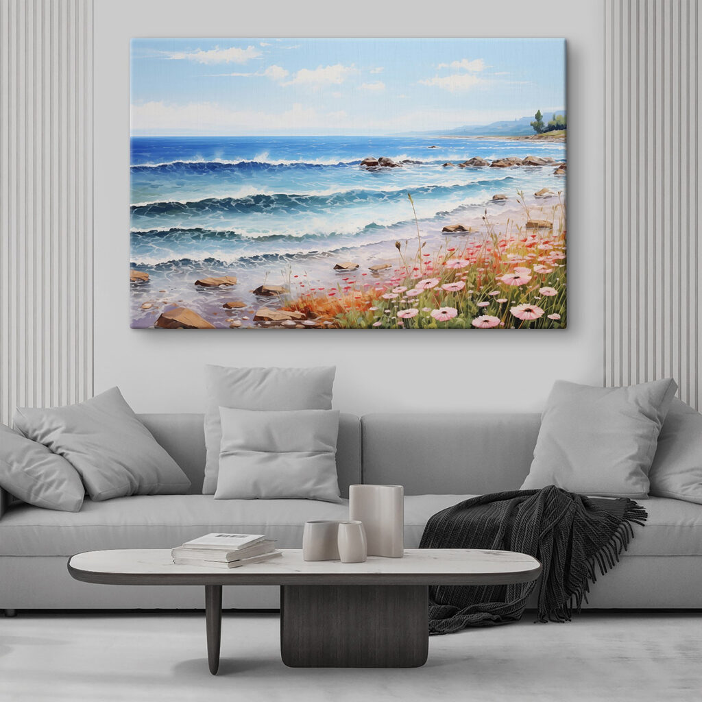Painting of a beach with flowers and waves