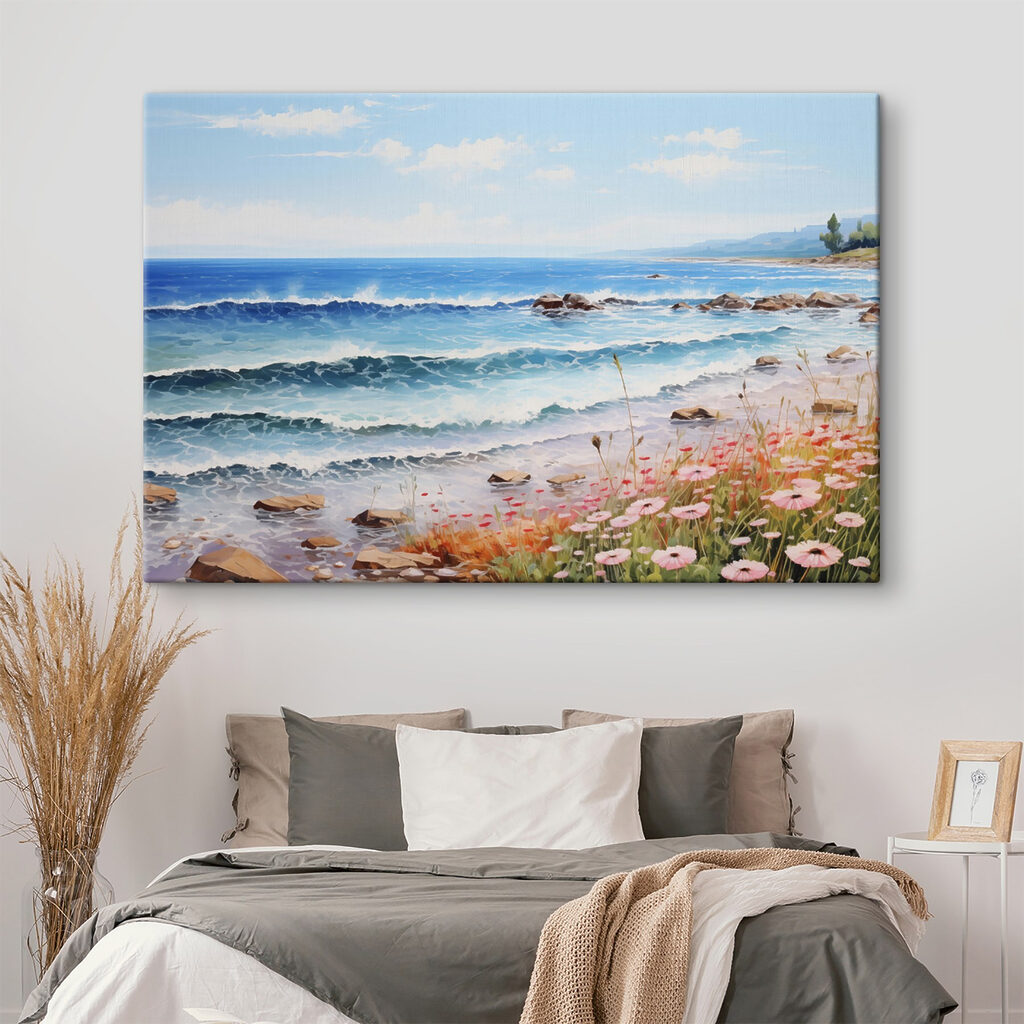 Painting of a beach with flowers and waves