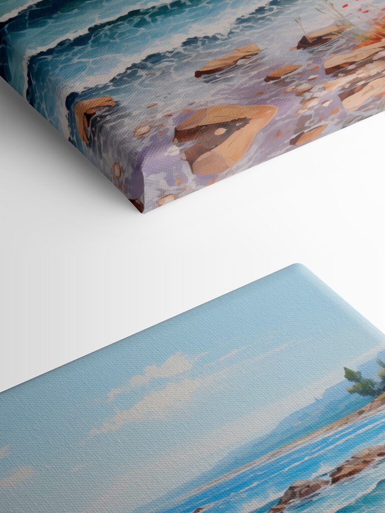 Painting of a beach with flowers and waves