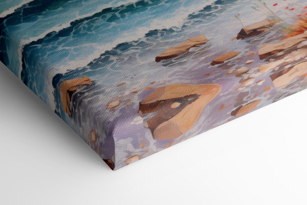 Painting of a beach with flowers and waves