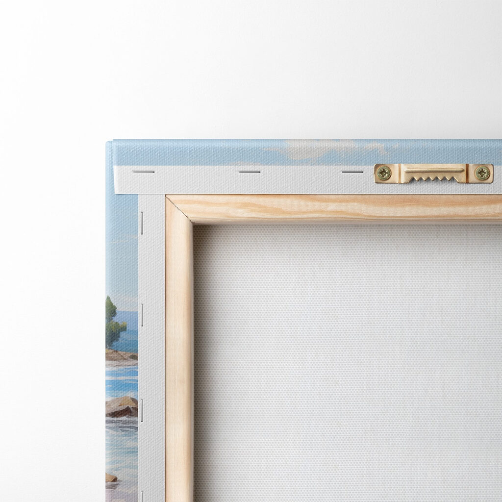 Painting of a beach with flowers and waves