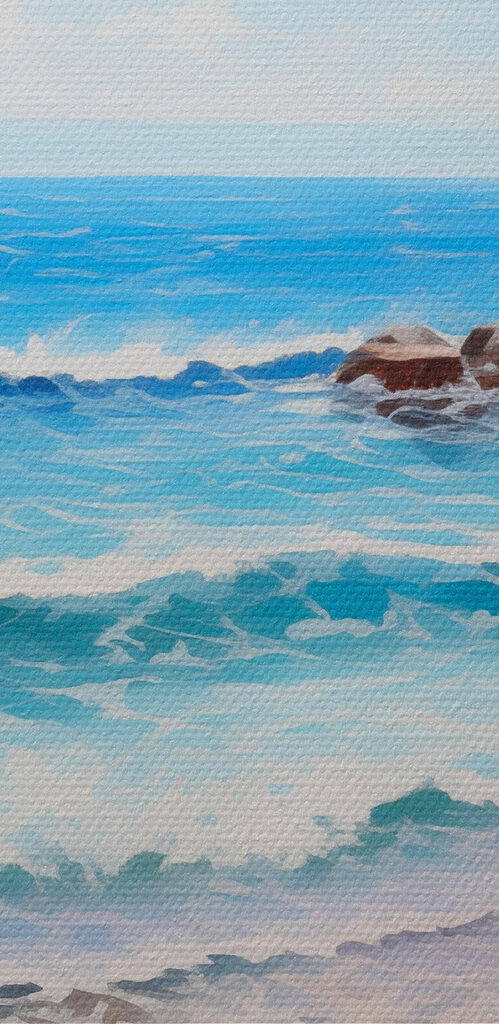 Painting of a beach with flowers and waves