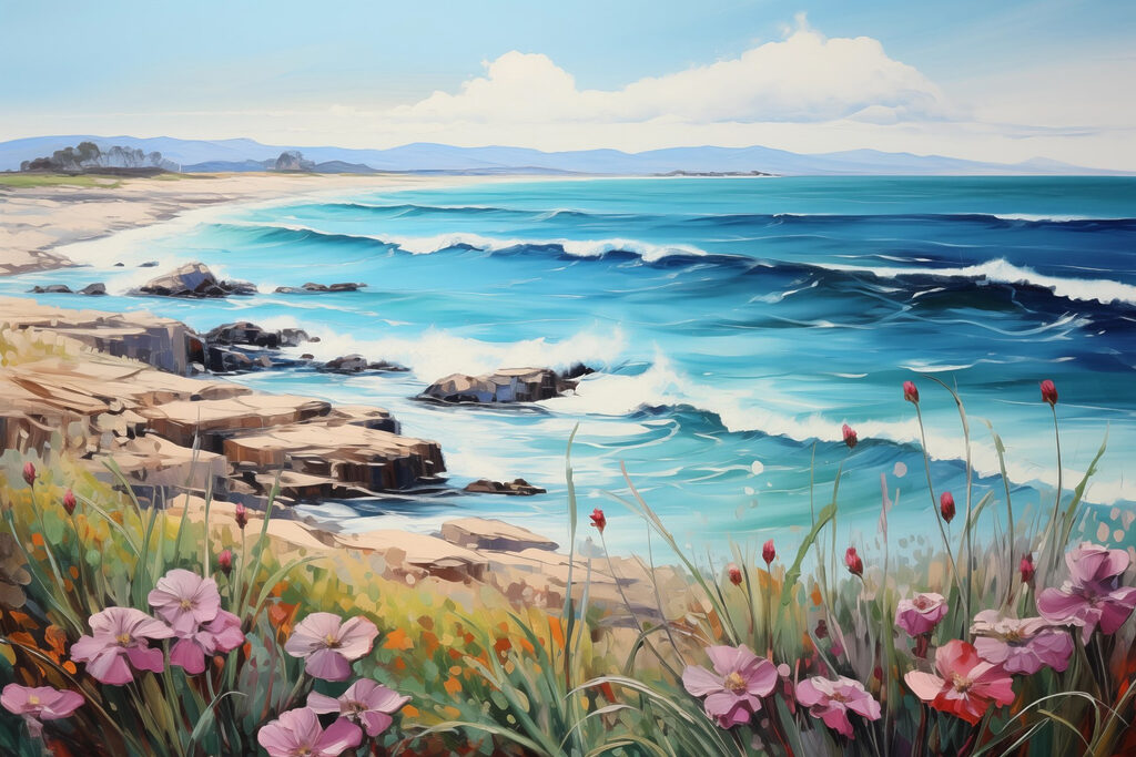 Painting of a beach with flowers and waves Painting of a beach with flowers and waves