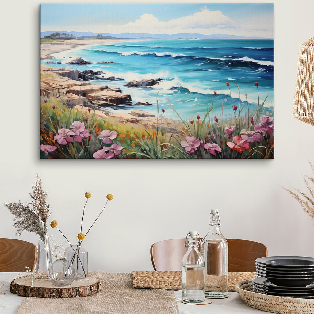 Painting of a beach with flowers and waves Painting of a beach with flowers and waves