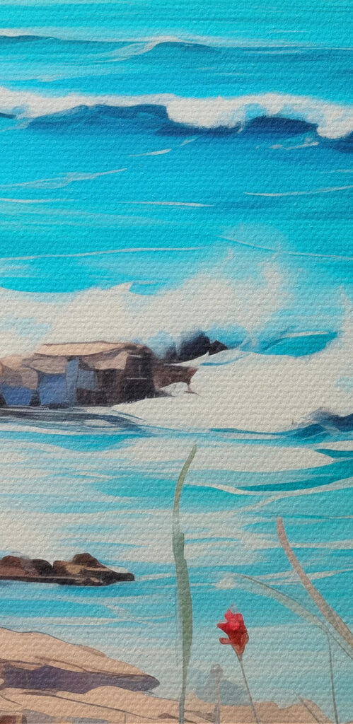 Painting of a beach with flowers and waves Painting of a beach with flowers and waves