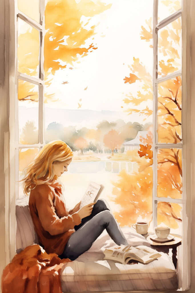 Woman sitting on a window sill reading a book