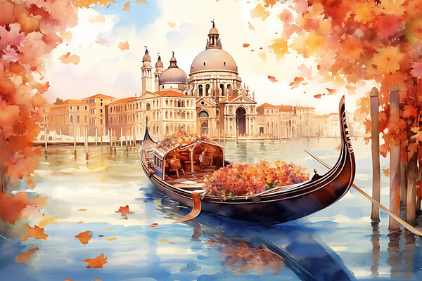 Gondola na vode s budovou v pozadí Gondola na vode s budovou v pozadí