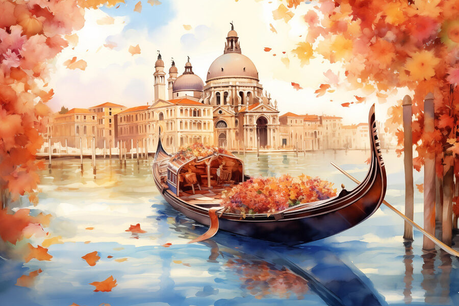 Gondola na vode s budovou v pozadí