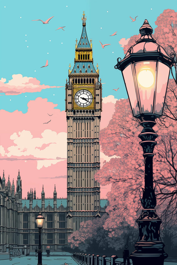 Hodinová veža so stĺpom lampy a stromami Hodinová veža so stĺpom lampy a stromami