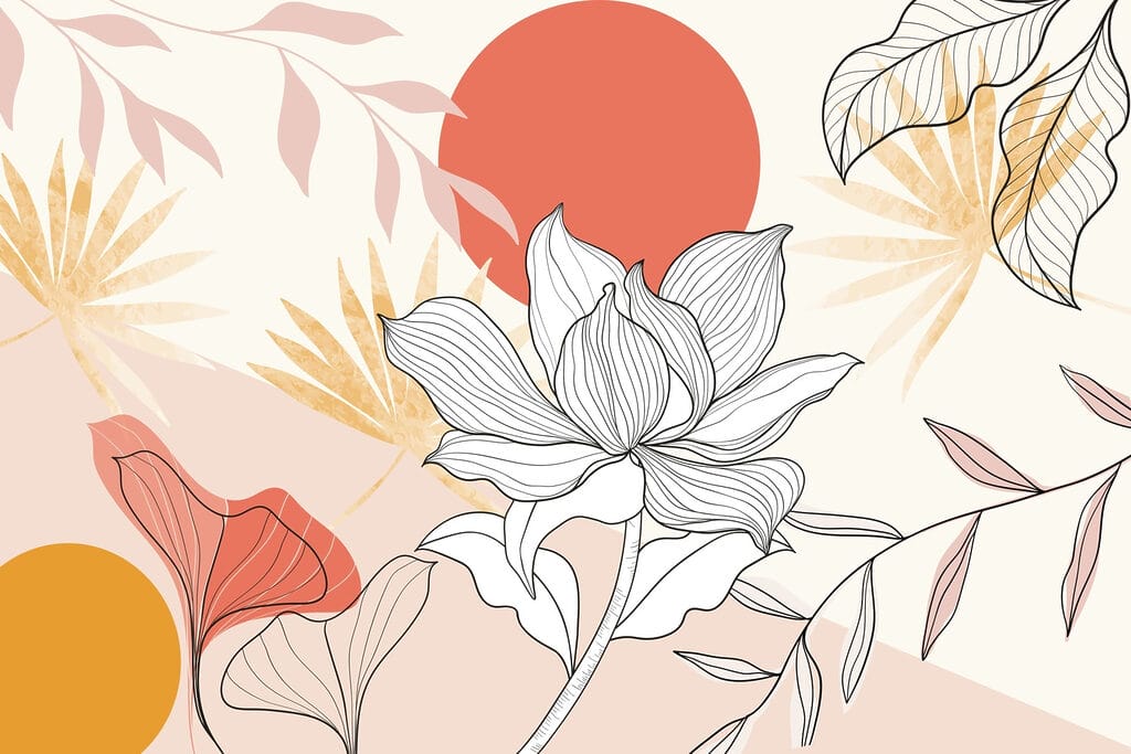 Flower and leaves with red sun Flower and leaves with red sun