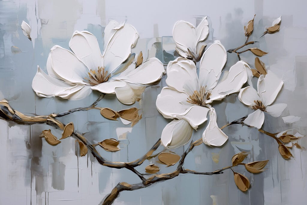 Painting of white flowers on a branch