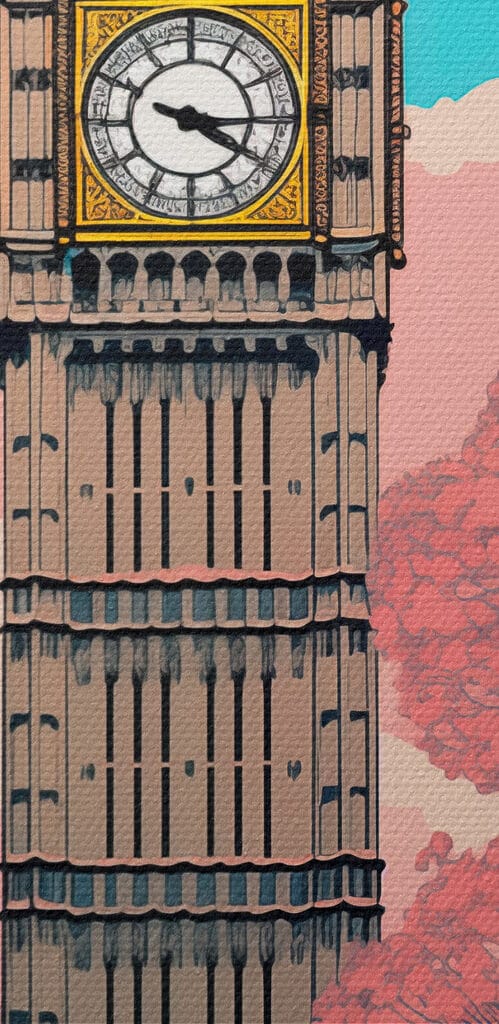 Clock tower with a lamp post and trees