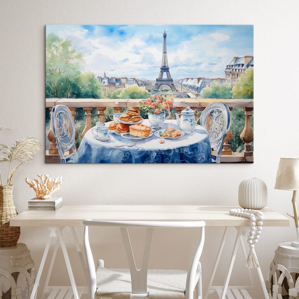 Watercolor painting of a table with food on it Watercolor painting of a table with food on it