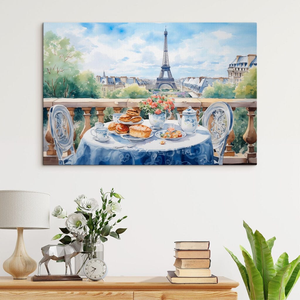Watercolor painting of a table with food on it Watercolor painting of a table with food on it