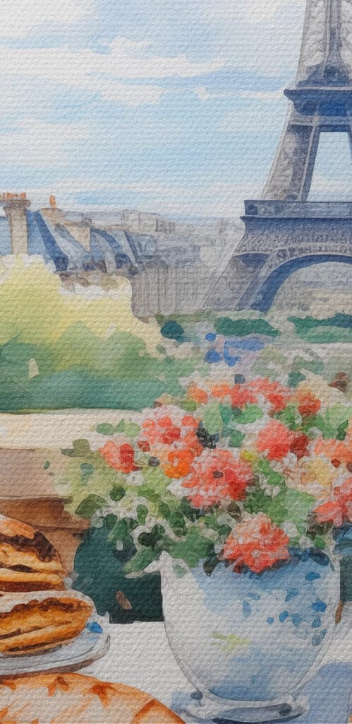 Watercolor painting of a table with food on it Watercolor painting of a table with food on it