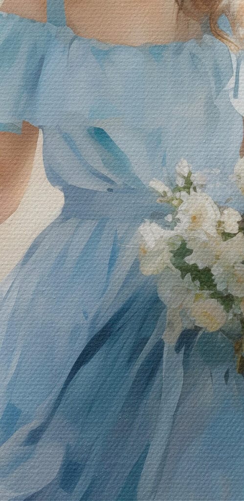 Woman in a blue dress holding flowers
