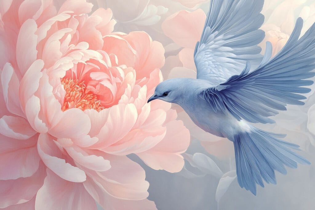 Bird flying next to a flower