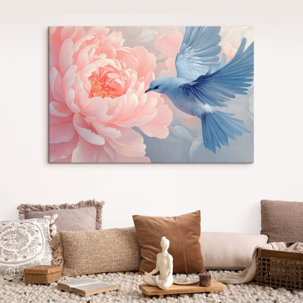 Bird flying next to a flower