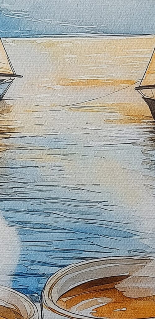 Watercolor of two cups of coffee and a croissant on a table