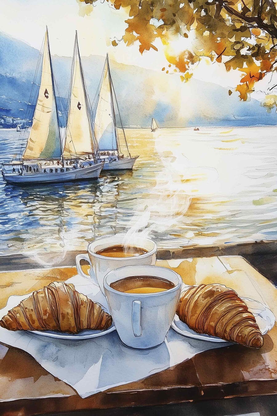 Akvarelová maľba stola s kávou a croissantmi Akvarelová maľba stola s kávou a croissantmi