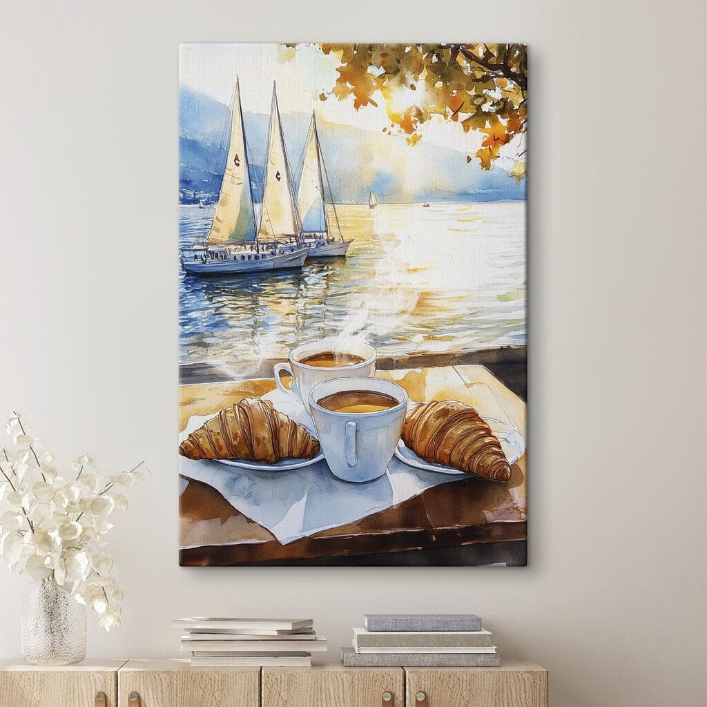 Watercolor painting of a table with coffee and croissants