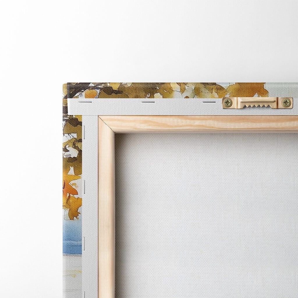 Watercolor painting of a table with coffee and croissants