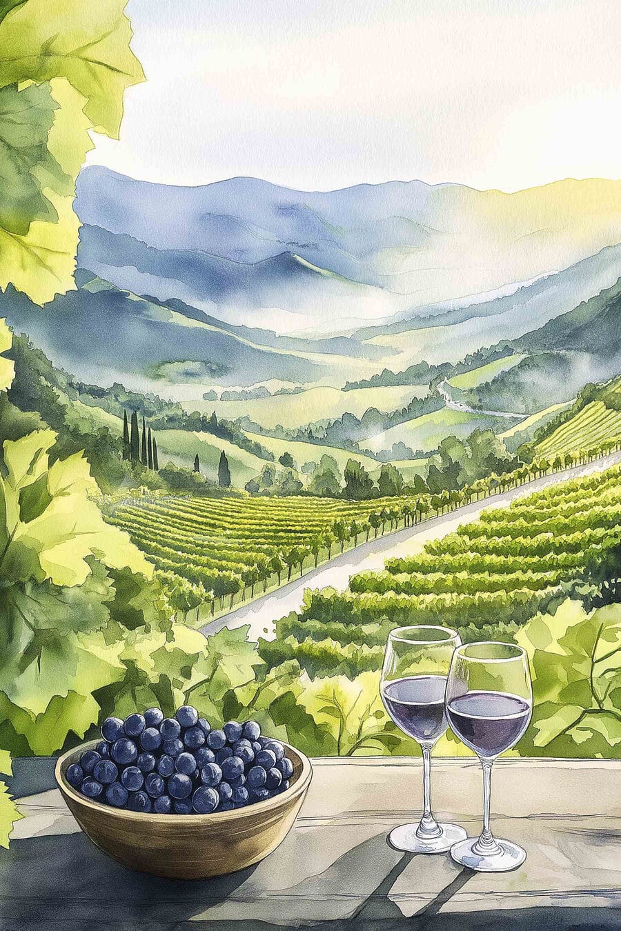 Maľba pohárov na víno a hrozna na stole pred vinicou